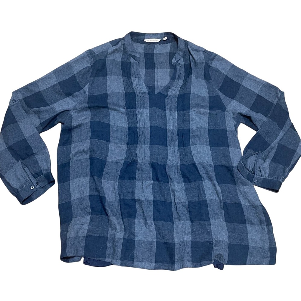 Soft Surroundings Women's 2X Blue Plaid 3/4 Sleeve Tunic Top Blouse Lightweight